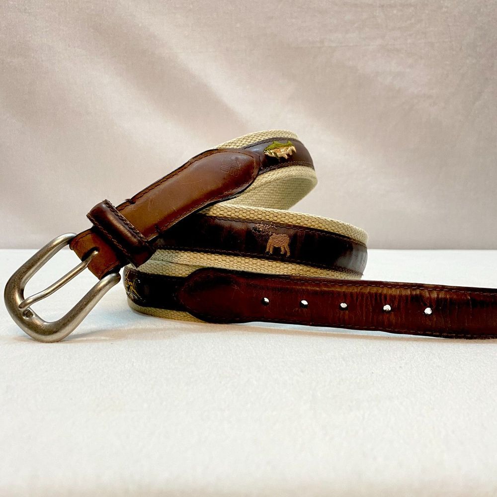 💎Fishing Hunting Belt Genuine Leather Over Khaki Canvas Base Embroidered Animals